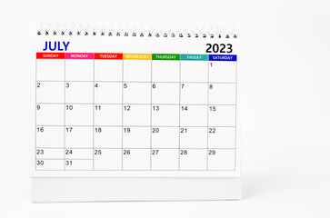 The July 2023 Monthly desk calendar for 2023 year isolated on white background.