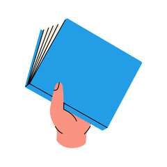 Sticker - Hand holding closed book. Read more. Bookstore, library, book shop illustration. Literature, dictionaries, encyclopedias, planners.