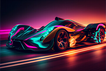 Aufkleber - Beautiful abstract car driving fast with colourful light trails.  Generative AI technology 
