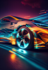 Aufkleber - Beautiful abstract car driving fast with colourful light trails. 