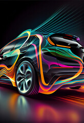 Aufkleber - Beautiful abstract car driving fast with colourful light trails. 