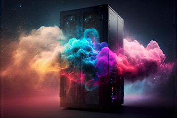 Poster - beautiful abstract  Digital cloud data server with nebula dust concept, contemporary colors and mood social background.  Generative AI technology.