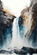 Waterfall over mountain watercolor painting.