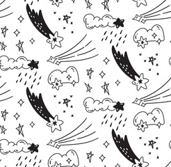 Wall Mural - Cute Hand Drawn Shooting Star Doodle Seamless Background 