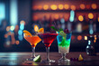 canvas print picture - Drei verschiedene Cocktails auf einer Theke in einer Bar mit lichter im Bokeh im Hintergrund - Generative Ai 