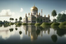 Brunei Darussalam Landscape With Mosque, Created With Generative Ai