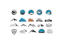 Mountain Logo Flat Vector Illustration Set. Logo Stamp Collection Of Rocky Mountain Top Peaks, Camping Outdoor Adventure