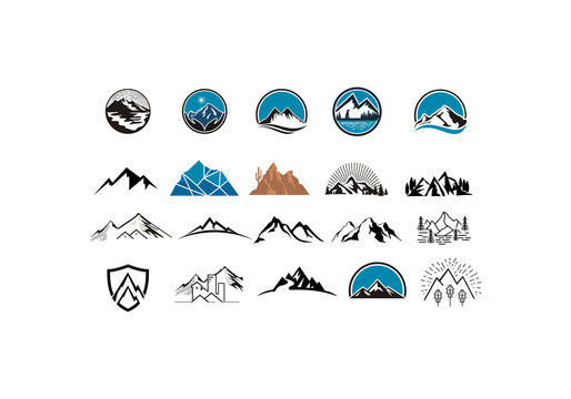 mountain logo flat vector illustration set. logo stamp collection of rocky mountain top peaks, campi