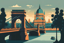 Illustration Of Széchenyi Chain Bridge, Budapest, Hungary. Generative AI.