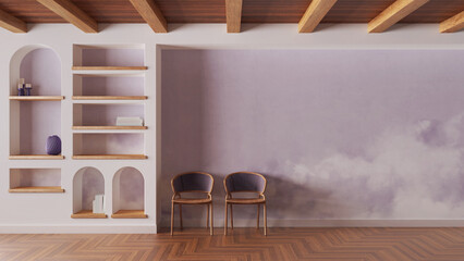 Waiting room interior design in white and violet tones with copy-space. Wooden ceiling, parquet floor and wallpaper. Shelves and rattan chairs