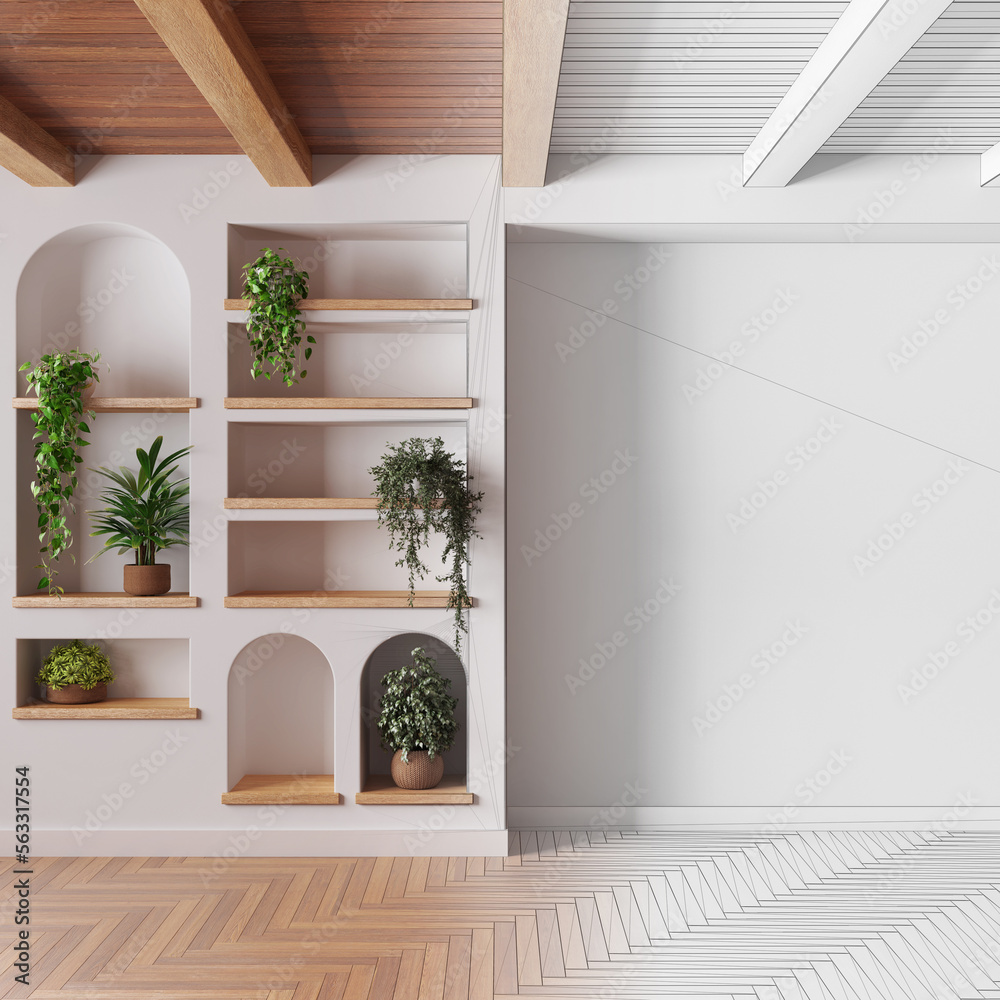 Architect interior designer concept: hand-drawn draft unfinished ...