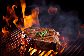 Wall Mural - T-Bone steak or Porterhouse on grill with blazing fire flame. Food and cuisine concept. Generative AI