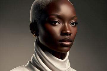 Poster - Close-up portrait of a young, beautiful bald black woman on a dark background - not based on a real person, Generative AI