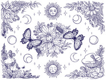Blossom Sunflowers, Butterflies, Sun, Moon Phases, Crystals, Vector Hand Drawn Outline Doodle Art With Boho Theme
