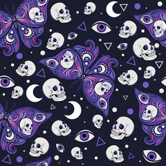 Butterfly with skulls and alchemy symbols on the wings, moons and eyes. Seamless pattern with vector hand drawn illustrations