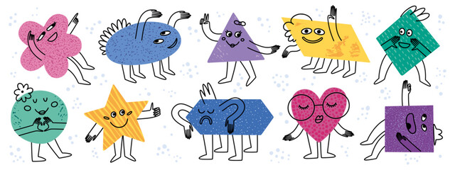 Poster - Abstract shape characters, funny faces. Doodle style geometric circle, hexagon and square education emotions. Heart and star emoji with hand and leg. Vector cartoon illustration