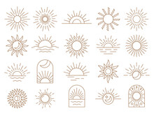 Sun Boho Logo, Yoga Icons. Sunset And Moon Celestial Line Elements, Mystic Zodiac Eye, Magic Bohemian Rainbow. Outline Abstract Elegant Logotype. Bohemian Golden Minimal Vector Illustration