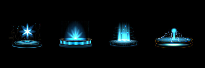 Aufkleber - 3D technology hologram. Game teleportation flow. Space portal with speed techno blue neon light glow. Teleport platform. Futuristic screen. Digital energy effect. Vector elements set