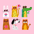 Valentine's day cute animals set with dog, cat, rabbit, crocodile, bear and  tiger. Childish print for cards, stickers, apparel and decoration