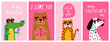 Valentine's day cute animals greeting card set with dog, tiger, bear and crocodile. Childish print for cards, invitations and decoration