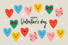 Valentine's Day Cute Retro Heart Shapes Characters Set. Childish Print For Cards, Stickers, Apparel And Decoration