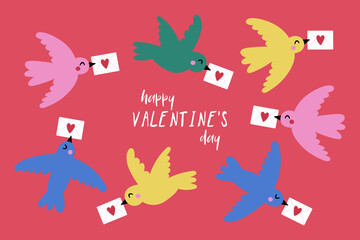 Wall Mural - Valentine's day cute birds with love envelope set. Childish print for cards, stickers, apparel and decoration