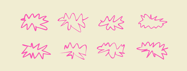 Pink doodle marker, pen or pencil shapes. Abstract signatures template figures. Handdrawn brutalist cartoon forms. (Full Vector)