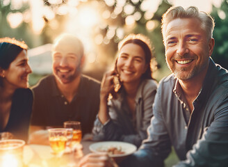 meeting with friends in the garden on a summer evening. A handsome man looks at the camera