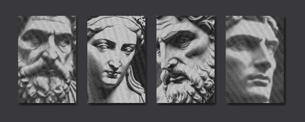 antique greek statues in engraved line pattern. renaissance sculpture in modern guilloche design. ro