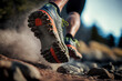 A man is running ultra trail on the sand dune or terrain route, close-up at shoe sole. Extreme sport and adventure for challenge concept. Generative Ai image.