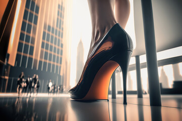 Close-up at high-heel court shoe of the confidence woman which is standing at office working place, the businesswoman concept scene. Generative Ai image.
