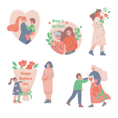 Poster - Happy Mothers Day with Kid Congratulating Mom Giving Flower Bouquet and Embracing Her Vector Set