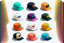 Set Von Schönen Farbigen Icons Baseball Caps, 3d Render, Illustration