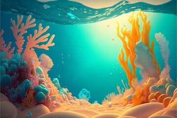 Fototapete - Colorful sea background with blue clear water orange and pink corals in cartoon style.AI generated.