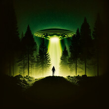 Abduction Of A Person By A Ufo In A Forest At Night GENERATIVE AI, GENERATIVE, AI,