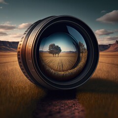 Wall Mural -  a camera lens with a landscape in the background and trees reflected in it's lens cap on a road in the middle of a field with a sky and clouds and a few trees. Generative AI