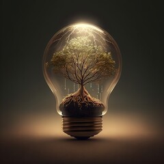 a light bulb with a tree inside of it on a table with a dark background and a light bulb with a tree