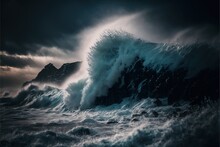  A Large Wave Crashing Into A Rocky Shore Under A Cloudy Sky With Mountains In The Background And A Dark Sky With Clouds Above It, And A Dark Ocean With A Large Wave, With., Generative Ai