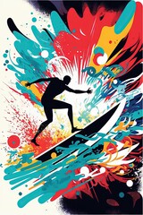 Wall Mural -  a man riding a surfboard on a colorful wave of paint splattered on the wall of a building in a city area of a city, with a splash of paint splatters. Generative AI