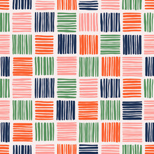 Colorful Block Stripes Seamless Repeat Pattern. Lined, Vector Bricks All Over Suface Print On White Background.
