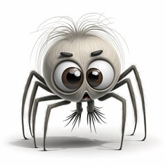 a cartoon spider with big eyes and a creepy look on its face, with a white background, is looking at