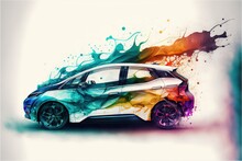  A Car With A Colorful Paint Splash On It's Side And A White Background With A Blue, Red, Yellow, And Green Car In The Middle Of The Front, And The Top. Generated Ai