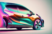 A Car With A Colorful Paint Job Parked On A White Surface With A Light Background Behind It And A Shadow Of The Car On The Ground Below It, And The Car Is A White. Generated Ai