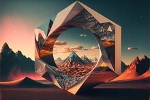  A Stylized Image Of A Mountain Range With A Circular Opening In The Middle Of It, With A Mountain Range In The Background And A Sky With Clouds And A Few Stars In The Distance. Generated Ai