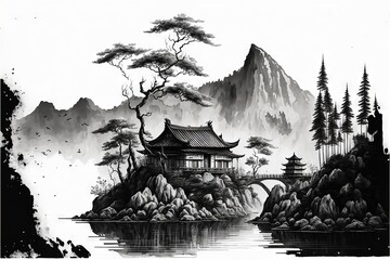 Poster -  a black and white drawing of a mountain and a pagoda on a lake with a bridge over it and a mountain in the background with a tree and a bridge overhanging area with. generated ai Generative AI