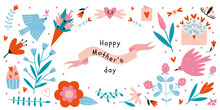 Set Of Happy Mother's Day Elements, Cartoon Style. Various Cute Spring Objects Like Flowers, Birds And Hearts. Trendy Modern Vector Illustration Isolated On White, Hand Drawn, Flat
