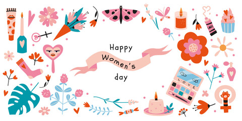 Wall Mural - Set of Happy Women's Day elements, cartoon style. Various cute objects like flowers, cosmetics and hearts. Trendy modern vector illustration isolated on white, hand drawn, flat