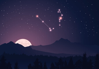 Wall Mural - vector constellation serpens in dark purple, starry sky. misty hills, rising moon, dark forest, moun