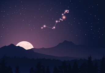 Wall Mural - vector constellation hydra in dark purple, starry sky. misty hills, rising moon, dark forest, mounta