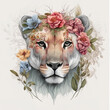 lion in the sun with flowers color art t-short design